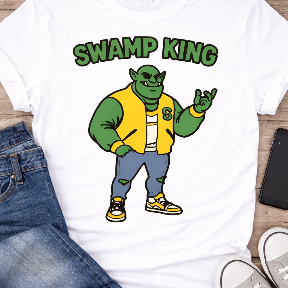 Swamp King Graphic Tee in White with Green and Yellow Print